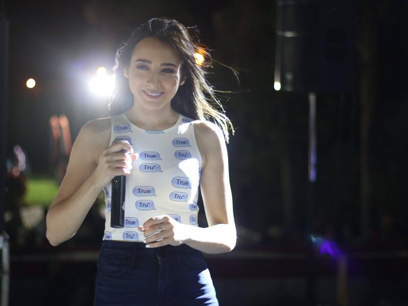 Sandy ditches her trademark hot pants for a more conservative outfit following Hani Shaker's decision to ban female singers from dressing in revealing clothes during their live performances. (Facebook)