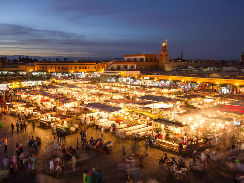 Jamaa el Fna market square at dusk, Marrakesh, Morocco, north Africa. Jemaa el-Fnaa, Djema el-Fna or Djemaa el-Fnaa is a famous square and market place in Marrakesh's medina quarter (Shutterstock/File Photo)