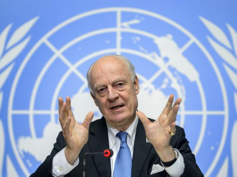 UN Syria envoy Staffan de Mistura gestures as he speaks during a press conference closing a round of Syrian peace talks at the United Nations Office in Geneva on March 24, 2016. (AFP/Fabrice Coffrini)