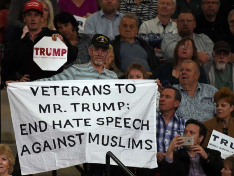 A group of anti-war military veterans gathered outside a mosque to show support in the face of Trump’s anti-Muslim statements. (Twitter)