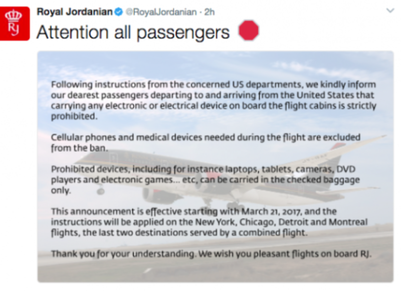 The announcement concerning the ban on electricals was first released through a tweet posted by Royal Jordanian Airlines. (Twitter)