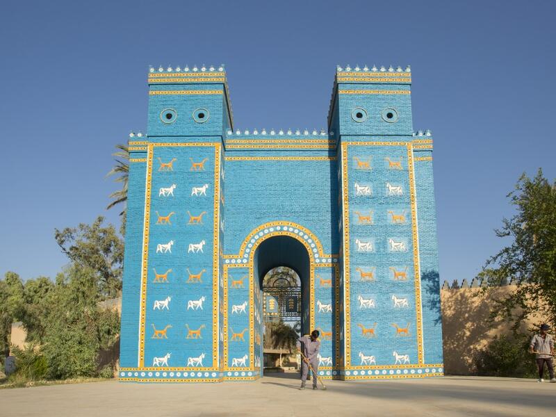 A picture taken on June 29, 2019 shows the the Ishtar Gate at the ancient archaeological site of Babylon, south of the Iraqi capital Baghdad.  Hussein FALEH / AFP
