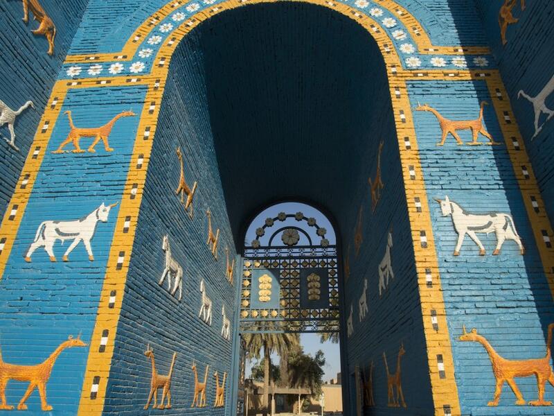 A picture taken on June 29, 2019 shows the the Ishtar Gate at the ancient archaeological site of Babylon, south of the Iraqi capital Baghdad.  Hussein FALEH / AFP