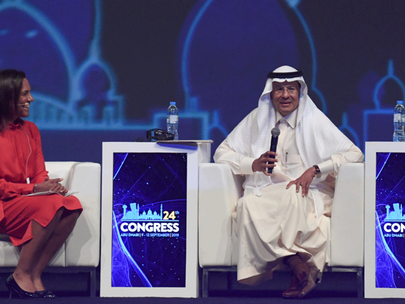Saudi Arabia's Energy Minister Prince Abdulaziz bin Salman speaks during the opening ceremony of the 24th World Energy Congress (WEC) in the UAE capital Abu Dhabi on September 9, 2019. In his first comments since being appointed by his father King Salman, the minister signalled no major change in approach in Saudi Arabia, the de facto leader of OPEC which pumps about a third of the cartel's oil.