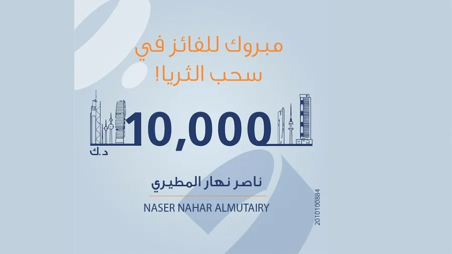 أعلن بنك برقان عن فوز السيد ناصر نهار المطيري، في سحب حساب الثريا للراتب الشهري الذي فاز بجائزة بقيمة 10,000 د.ك. 