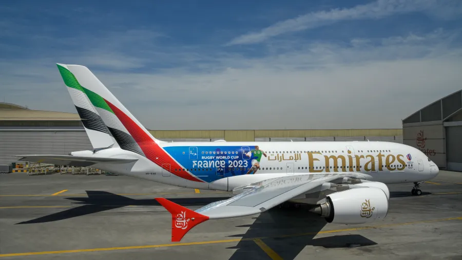 Sky high try: Emirates debuts Rugby World Cup 2023 livery on the A380