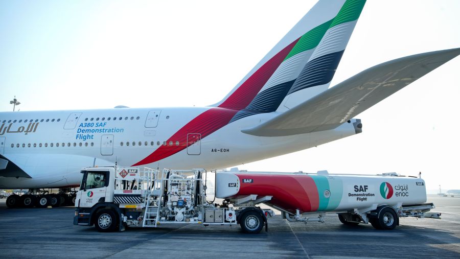 طيران الإمارات أول ناقلة جوية في العالم تشغل رحلة تجريبية لطائرة A380 بوقود طيران مستدام 100%