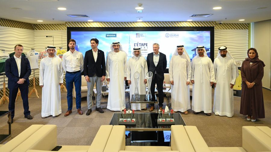 • Saeed Hareb, Nasser Aman Al Rahma, Maher Julfar and speakers pose with the Tour de France jersey