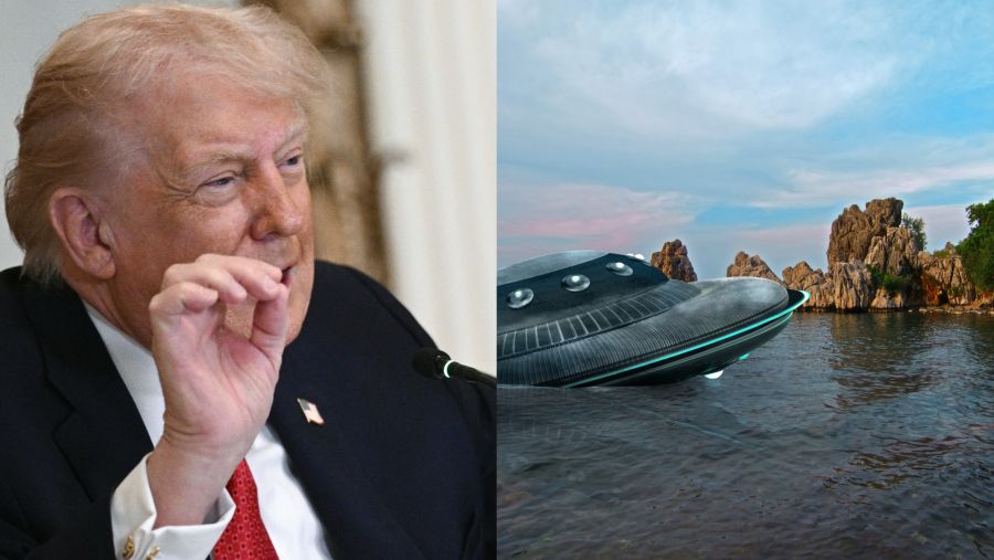 UFO, broken space saucer lies in the water on the banks of a sea or lake