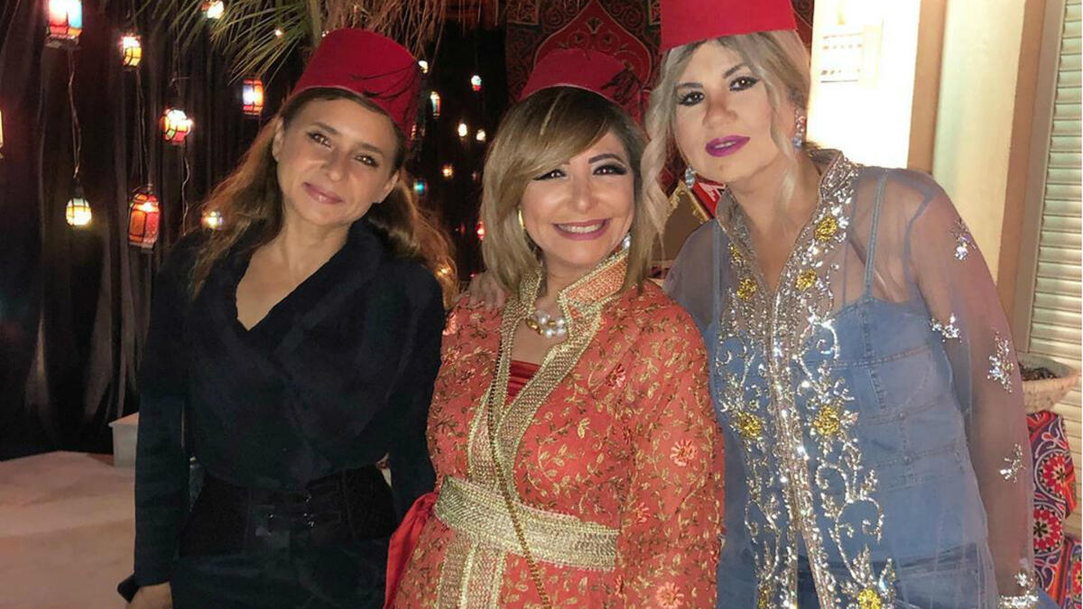 Boosy Shalabi chose  a long, transparent piece on plain clothes for Lamees Al Hadidi's birthday, Lamis chose a Moroccan caftan and Nelly Karim chose plain clothes
