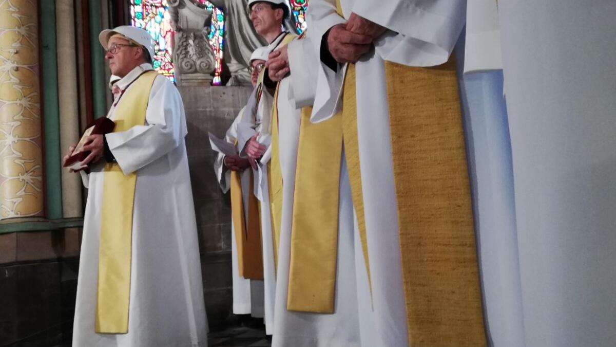 The Notre-Dame de Paris cathedral's rector Patrick Chauvet, attends the first mass in a side chapel two months to the day after a devastating fire engulfed the Notre-Dame de Paris cathedral on June 15, 2019, in Paris.Karine PERRET / POOL / AFP