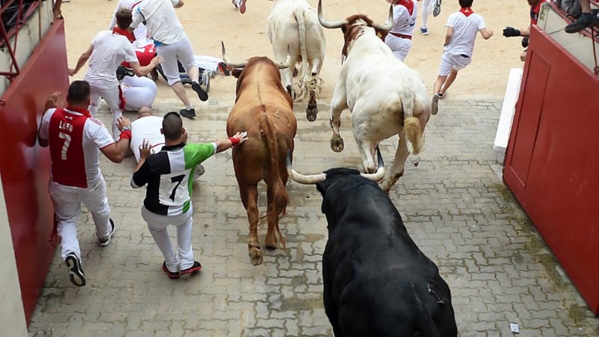 A runner falls next to Puerto de San Lorenzo fighting bulls during the first bull-run of the San Fermin festival in Pamplona, northern Spain on July 7, 2019. JAIME REINA / AFP