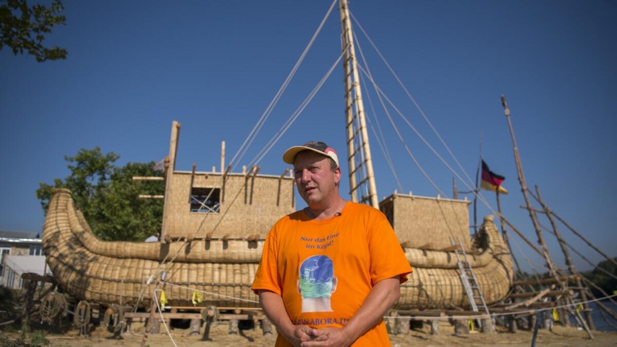 Abora IV expedition leader German archeologist Dominique Goerlitz speaks to AFP in front of the 14-meter long sailing reed boat in the town of Beloslav, Bulgaria, on July 25, 2019. NIKOLAY DOYCHINOV / AFP
