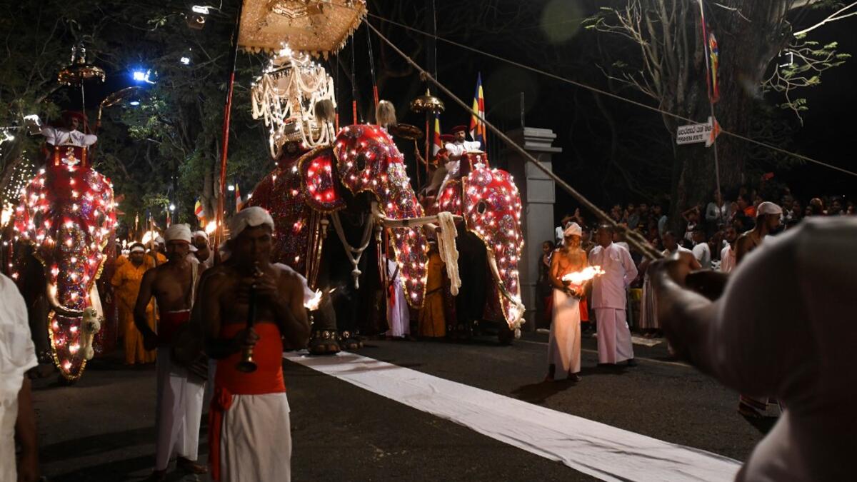 In this photograph taken on August 14, 2019 participants lead elephants decorated for the "Esala Perahera" festival during a parade near the Buddhist temple of the Tooth in the ancient hill capital of Kandy, some 116 km from Colombo. Lakruwan WANNIARACHCHI / AFP