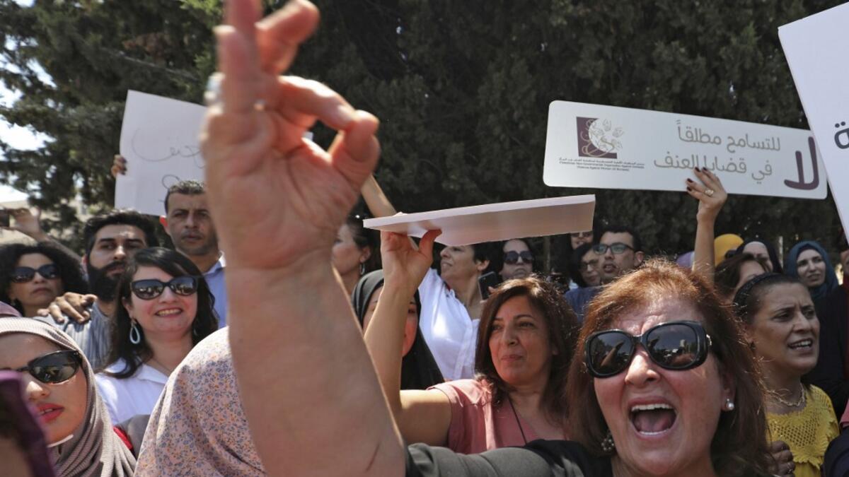 Palestinian women protest in support of women’s rights outside the prime minister’s office in the West Bank city of Ramallah on September 2, 2019, after a young Palestinian died in a case that has raised emotions. ABBAS MOMANI / AFP