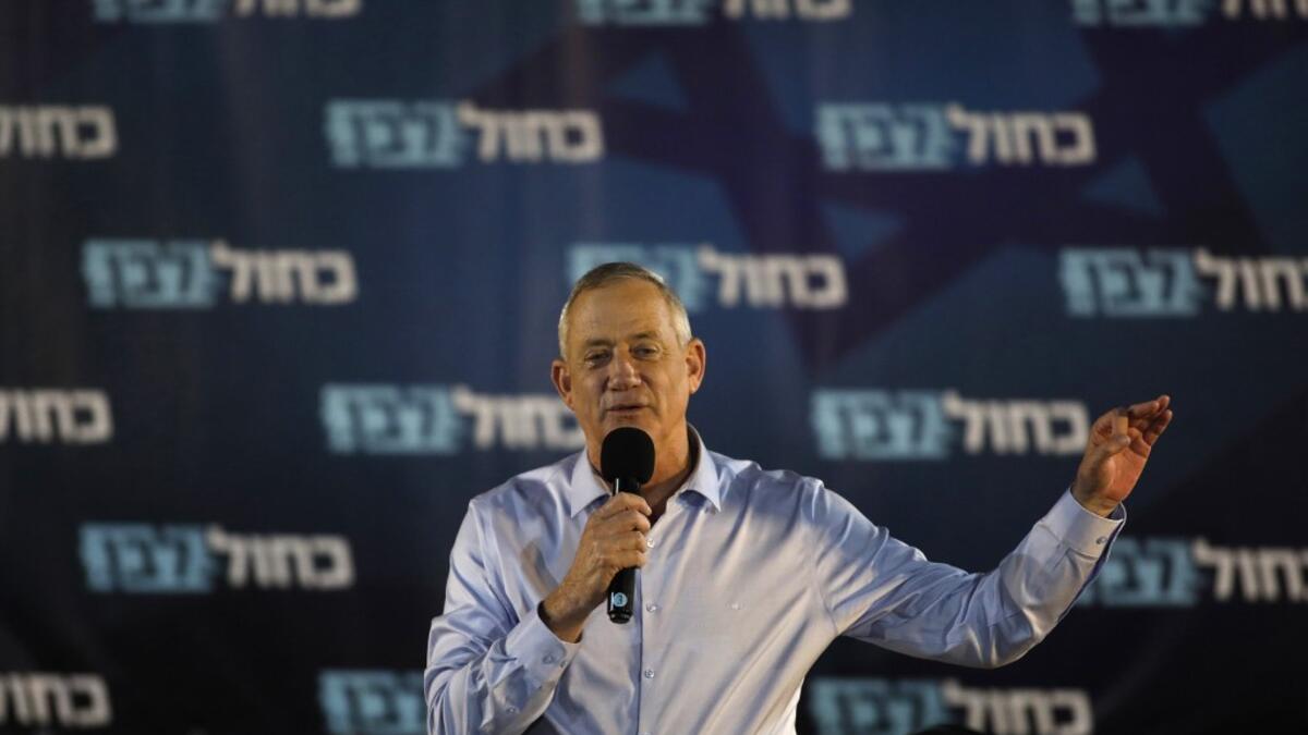 Retired Israeli General Benny Gantz, one of the leaders of the Blue and White (Kahol Lavan) political alliance, speaks during a campaign event in Yasud HaMaala in northern Israel on September 11, 2019. Israel will hold general elections on September 17. JALAA MAREY / AFP