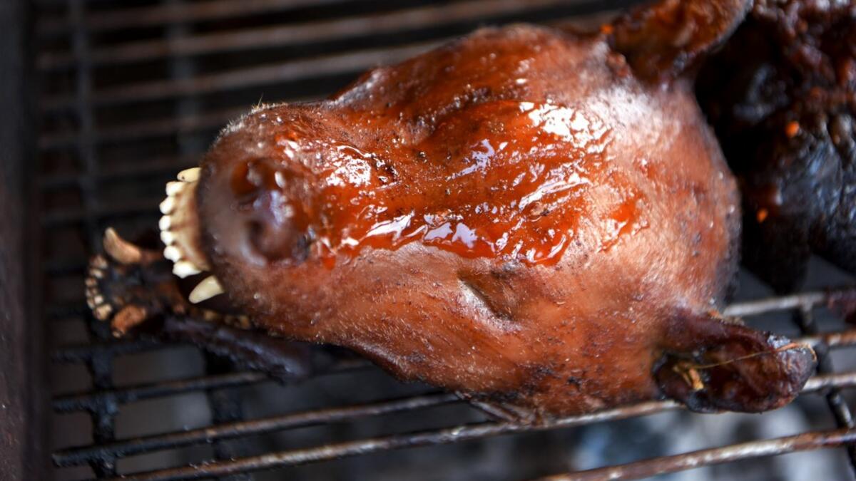 This photo taken on October 26, 2019 shows the head of a grilled dog at a restaurant in Kampong Cham province. Cambodian dog meat traders drown, strangle and stab thousands of canines a day in a shadowy but sprawling business that traumatises workers and exposes them to deadly health risks like rabies. TANG CHHIN Sothy / AFP