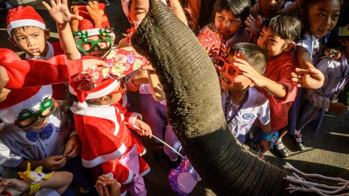 An elephant dressed in a Santa Claus costume presents gifts to schoolchildren during Christmas celebrations in Ayutthaya on December 23, 2019. Wearing red and white hats and a string of bells, Thai elephants passed out Christmas gifts to hundreds of schoolchildren on Monday despite growing criticism over using the animals in performances. The annual festive event is organised by a nearby elephant park, whose mahouts or handlers started in the early morning dressing the animals. Thailand is largely Buddhist