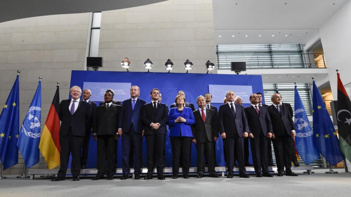 World leaders gather in Berlin on January 19, 2020 to make a fresh push for peace in Libya, in a desperate bid to stop the conflict-wracked nation from turning into a "second Syria". Chancellor Angela Merkel will be joined by the presidents of Russia, Turkey and France and other world leaders for talks held under the auspices of the United Nations.  Tobias SCHWARZ / AFP