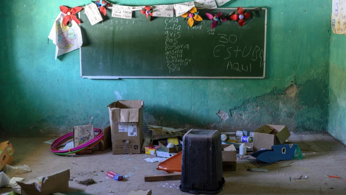 View of a classroom at an abandoned school in the village of El Paraiso de Tepila, Guerrero State, Mexico, on January 24, 2020. The Regional Coordinator of Community Authorities (CRAC-PF) vigilante group trains children as young as five near El Paraiso de Tepila so they can protect themselves from drug-related criminal groups operating in the area. Pedro PARDO / AFP