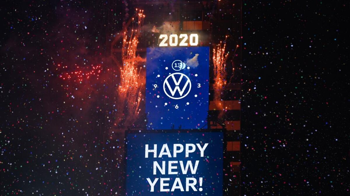 view of the fireworks during the Times Square New Year's Eve 2020 Celebration on December 31, 2019 in New York City. Noam Galai/Getty Images/AFP