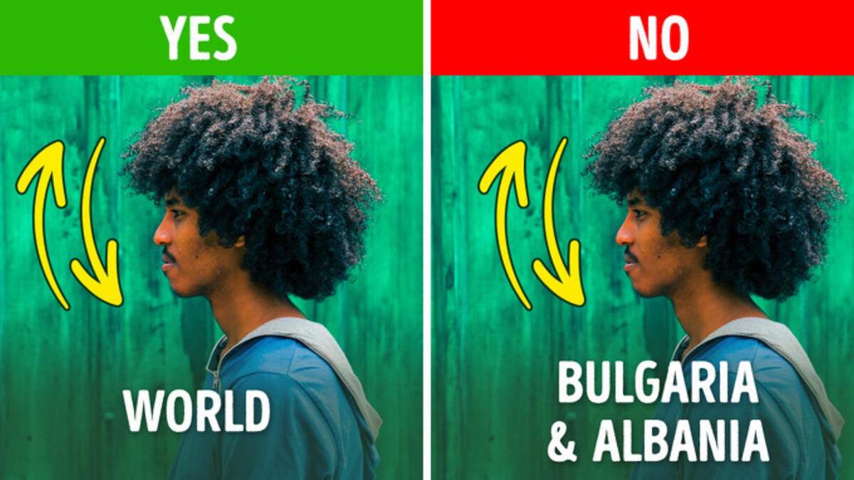 في بلغاريا وألبانيا هز الرأس ذو معنى مختلف: إيماءة رأسك (لأعلى ولأسفل) تعني "نعم" وهز رأسك (من جانب إلى آخر) يعني "لا. من المهم أن نعرف أن هذا هو عكس ذلك تمامًا في بلغاريا وألبانيا!