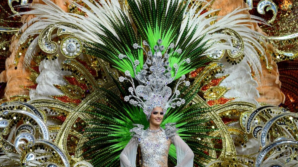 A participant presents her outfit during the Queen of the Carnival pageant contest in Santa Cruz de Tenerife, on the Spanish Canary island of Tenerife, on February 19, 2020. Gabriel BOUYS / AFP