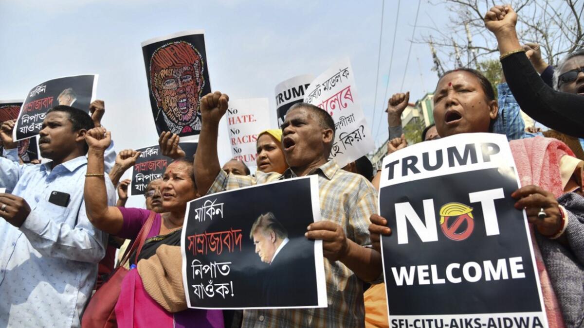 Activists of left-parties shout slogans against Donald Trump's visit to India, in Guwahati on February 24, 2020. DIPTENDU DUTTA / AFP