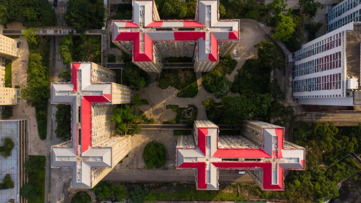 This aerial photograph taken on April 29, 2019 shows a housing estate in Hong Kong. DALE DE LA REY / AFP