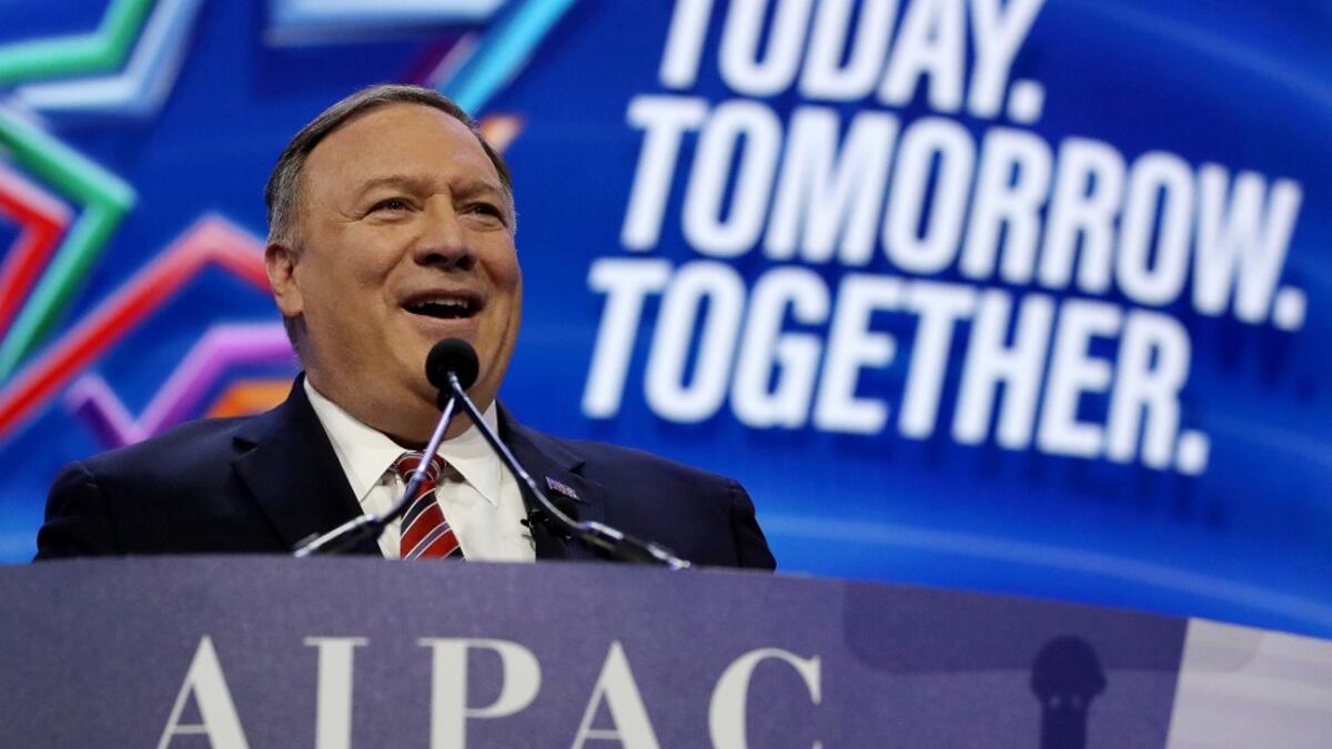U.S. Secretary of State Mike Pompeo speaks during the American Israel Public Affairs Committee (AIPAC) policy conference, on March 2, 2020 in Washington, DC. AIPAC is the lobbying group that advocates pro-Israel policies in the U.S. Mark Wilson/Getty Images/AFP MARK WILSON / GETTY IMAGES NORTH AMERICA / AFP