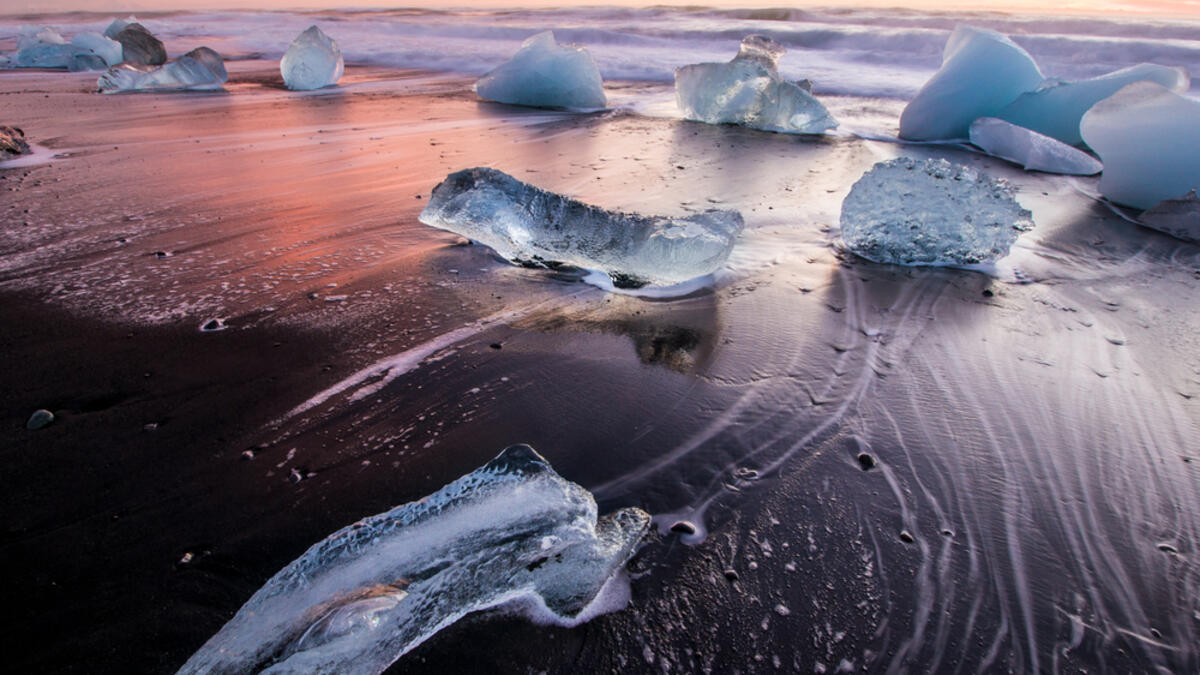 Ice on the black volcanic beach near Jokulsarlon glacier lagoon, winter Iceland (Shutterstock)