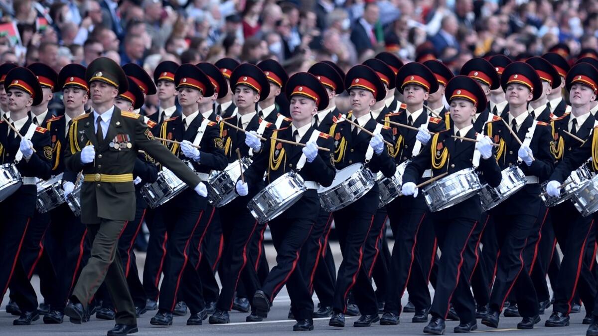 A military band takes part in a military parade to mark the 75th anniversary of the Soviet Union's victory over Nazi Germany in World War Two, in Minsk on May 9, 2020. Sergei GAPON / AFP