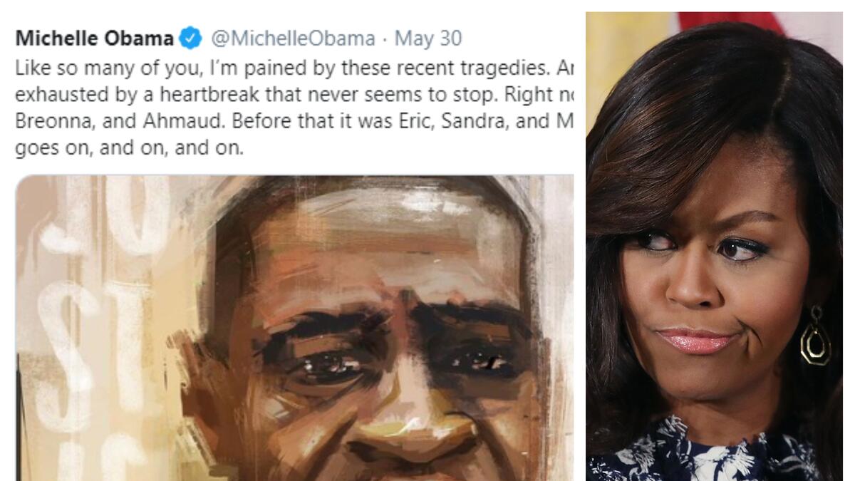 ميشيل أوباما: عبرت عن حزنها بتدوينه كتبتها على "تويتر": "مثل الكثير منكم، أنا متألمة من هذه المآسي الأخيرة.. وأنا مرهقة من حسرة لا يبدو أنها تتوقف أبدًا.. الآن جورج، وبرونا وقبل ذلك كان إريك وساندرا ومايكل، العرق والعنصرية حقيقة يكبر الكثير منا في التعلم للتعامل معها، ولكن إذا كنا نأمل أن نتجاوزها، فلا يمكن التعامل معها فقط مع الأشخاص الملونين".