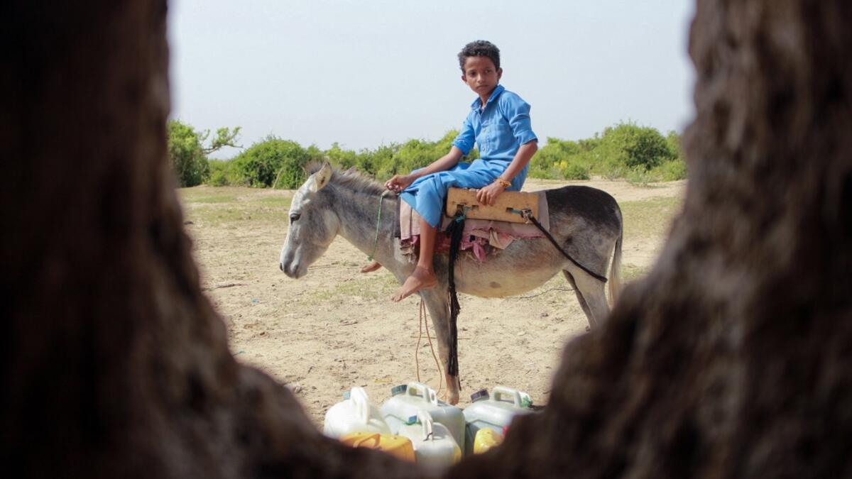 A Yemeni youth riding a donkey waits to fill jerrycans with water from a cistern at a make-shift camp for the internally displaced, in the northern Hajjah province, on June 7, 2020, amid a severe shortage of water. ESSA AHMED / AFP