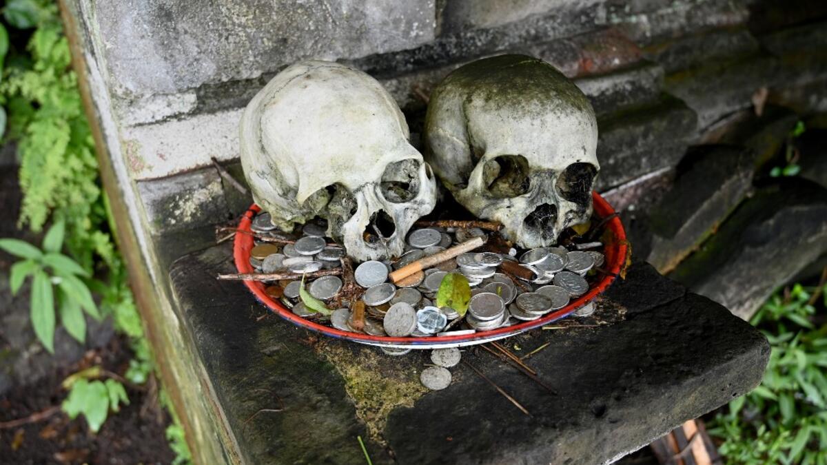 This picture taken on February 20, 2020 shows skulls on display with offerings at a cemetery where Bali's Trunyanese people hold open-air burials - before restrictions were implemented due to the COVID-19 coronavirus - near the village of Trunyan in Bangli Regency, near Lake Batur on Bali island. For centuries Bali's Trunyanese people have left their dead to decompose in the open air, the bodies placed in bamboo cages until only the skeletons remain -- a ritual they haven't given up -- even as the COVID-19
