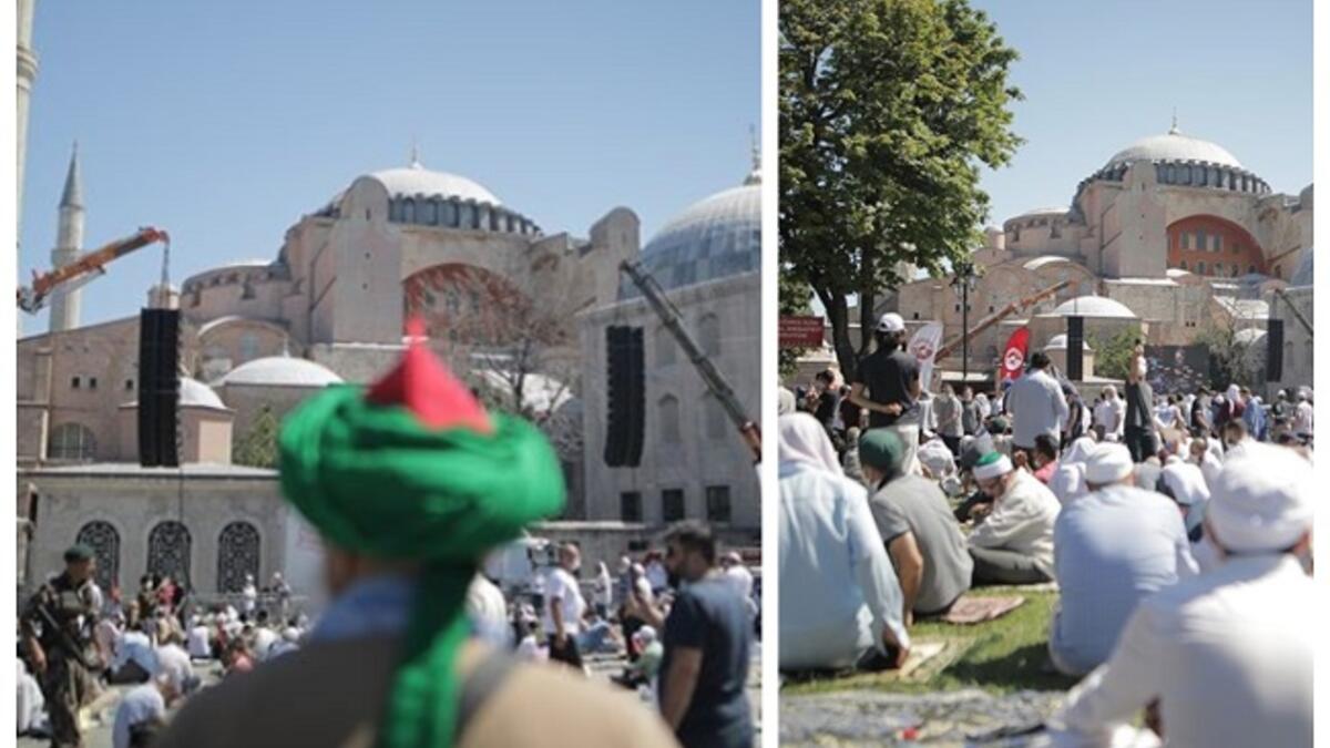 رايات خضراء وعمائم: تضمنت مراسم صلاة الجمعة في آيا صوفيا العديد من المشاهد الرمزية الأخرى، مثل رفع رايات خضراء فيما ارتدى الكثيرون العمائم والطرابيش فهي بالنسبة لهم خطوة صحيحة لإعادة تشكيل الهوية التركية المضطربة وإرجاعها للحضن الإسلامي.