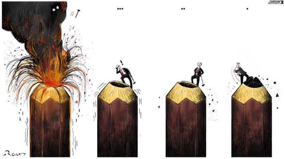 Cartoonists protest the arrest of Emad Hajjaj. (Rafat Alkhateeb/ Twitter)