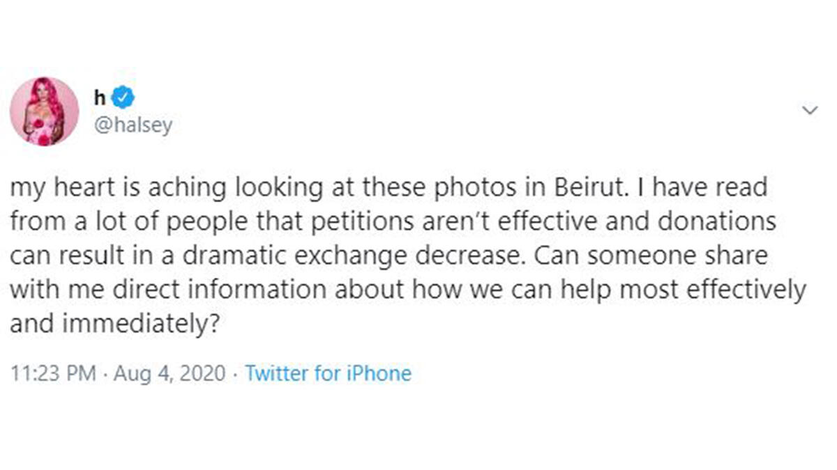 Halsey: 'my heart is aching looking at these photos in Beirut.'