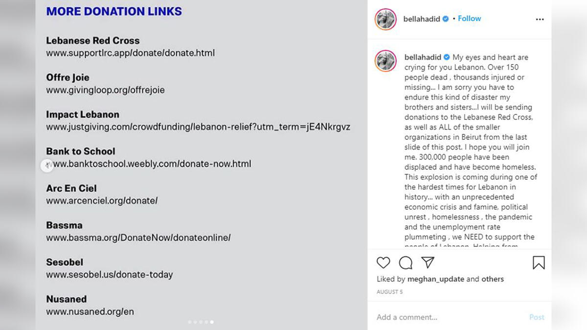 Bella Hadid: 'I will be sending donations to the Lebanese Red Cross.'