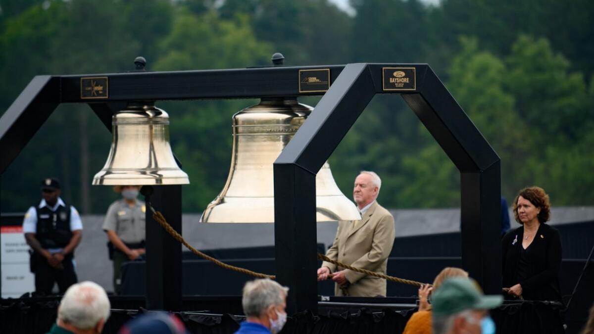 The ringing of bells as names are called during a ceremony at the Flight 93 National Memorial commemorating the 19th anniversary of the crash of Flight 93 and the September 11th terrorist attacks on September 11, 2020 in Shanksville, Pennsylvania. The nation is marking the nineteenth anniversary of the terror attacks of September 11, 2001, when the terrorist group al-Qaeda flew hijacked airplanes into the World Trade Center and the Pentagon, killing nearly 3,000 people. Jeff Swensen/Getty Images/AFP JEFF SW