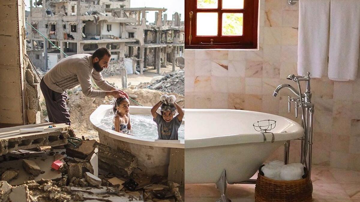 Verified Salem Saoody, 30, is getting his daughter Layan (L) and his niece Shaymaa 5 (R) in the only remaining piece from their damaged house, which is the bathing tub after Israeli airstrike. 2015, Gaza. (ugurgallen/ Instagram)
