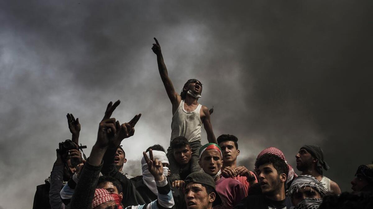 Palestinians scream during the ‘Great March of Return’ protest at Gaza’s Eastern border with Israel, April 2018.⁣ From ‘The Great March of Return’ by Fabio Bucciarelli (@fabio_bucciarelli) for Yahoo News (@yahoonews).⁣ (Instagram)