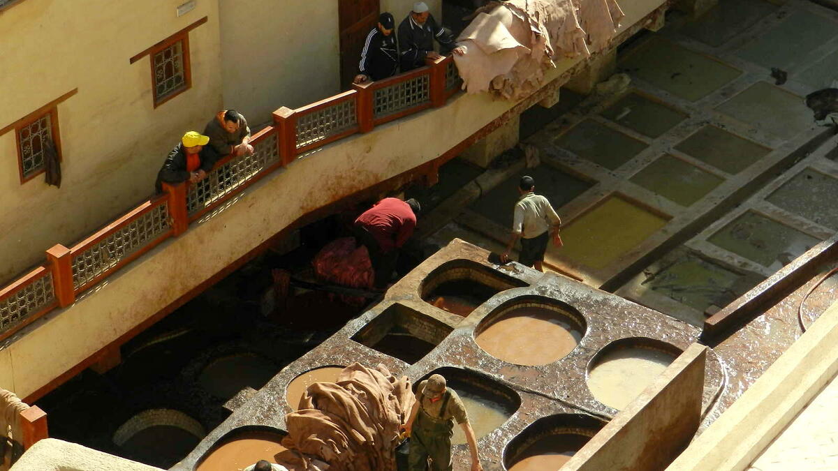 Chouara Tannery. The largest of the tanneries is Chouara Tannery and there you’ll find men working away, putting the animal skins into white liquids to soften them and then dyes to give them colour /Photo Ewelina Lepionko