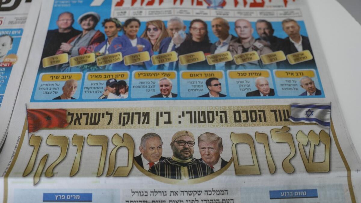 This picture taken on December 11, 2020 in Jerusalem shows Israeli newspapers' front page titles about the announcement that Israel is to establish diplomatic relations with Morocco. Outgoing President Donald Trump's double announcement of a normalisation of ties between Morocco and Israel and US recognition of Moroccan sovereignty over Western Sahara has prompted mixed reactions. In a statement by the royal palace, Morocco's King Mohammed VI confirmed on December 10 that his country would "resume official