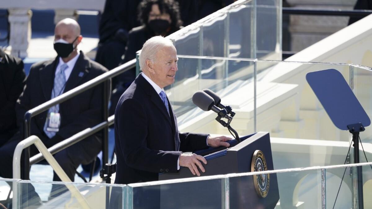 U.S. President Joe Biden delivers his inaugural address during the inauguration on the West Front of the U.S. Capitol on January 20, 2021 in Washington, DC. During today's inauguration ceremony Joe Biden becomes the 46th president of the United States. Kevin Dietsch-Pool/Getty Images/AFP