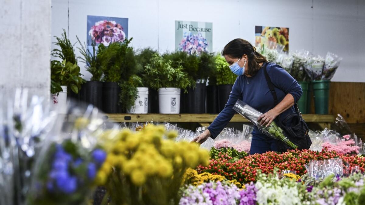 A woman buys flowers from Miami’s oldest florist, Berkeley Florist Supply, on February 13, 2021. The flower market was started in 1947. The President of Berkeley Florist, Morey Moss, says he has been experiencing overwhelming sales in 2021 after his business was badly hit by the pandemic. CHANDAN KHANNA / AFP