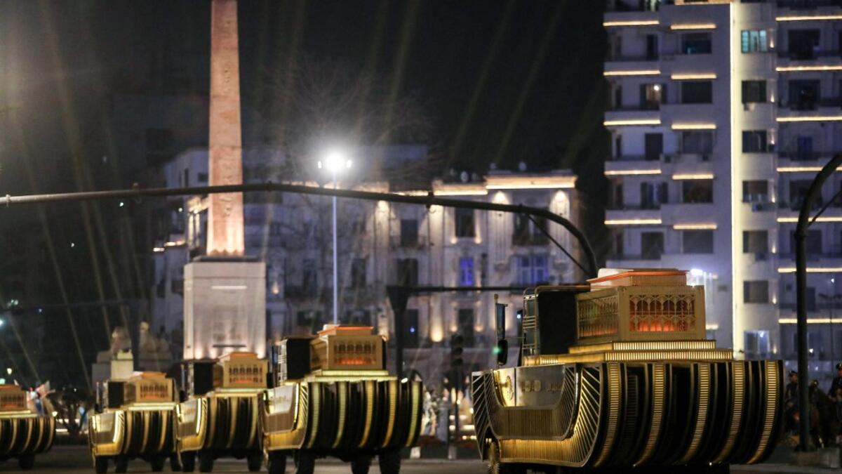 The carriages carrying 22 ancient Egyptian royal mummies