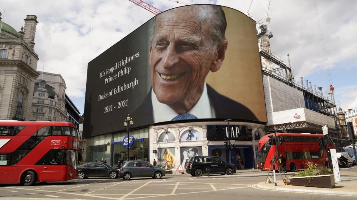 The electronic billboard at Piccadilly Circus displays a tribute to Britain's Prince Philip, Duke of Edinburgh in central London on April 9, 2021