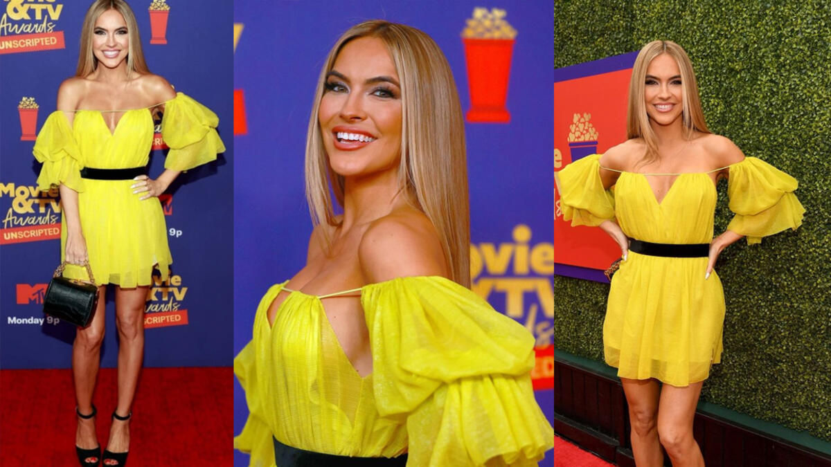 Chrishell Stause arrived on the carpet in bright yellow dress, showing off her tanned figure and cleavage.
