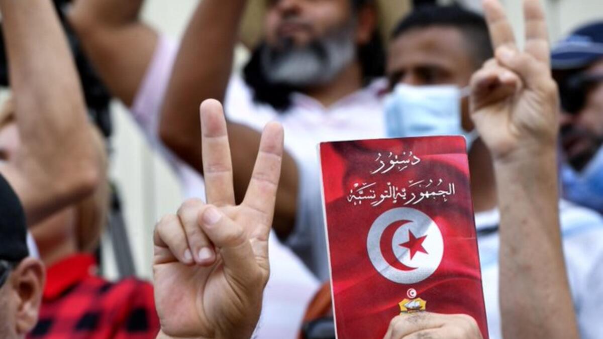 Hundreds of demonstrators gather in Tunis to protest against Tunisian President Kais Saied's seizure of governing powers in July, and call on him to step down
